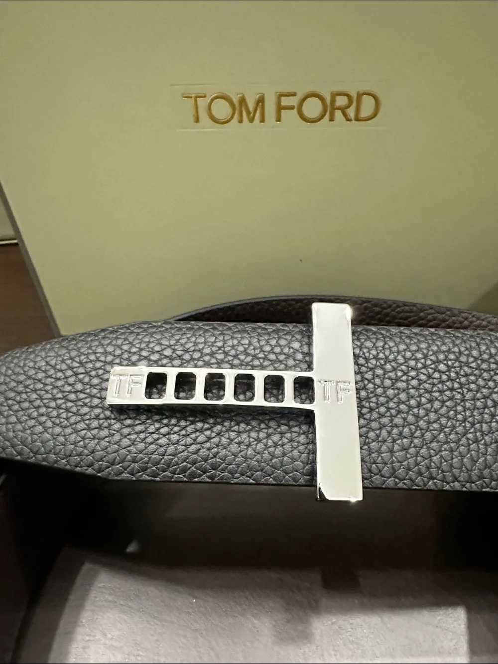 Tom Ford Black Pebbled Leather Belt with Silver TF Bar Buckle